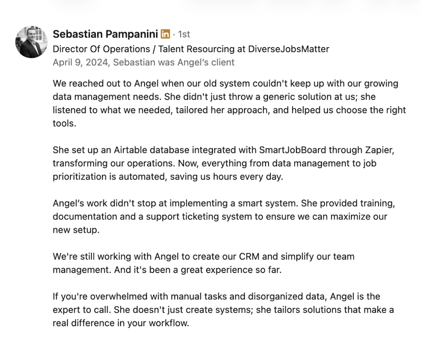 Written testimonial screenshot from Sebastian Pampanini
