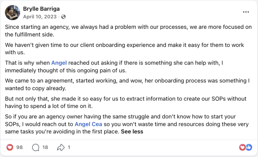 Written testimonial screenshot from Brylle Barriga